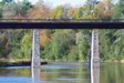 People walking on trestle bridge from a distance